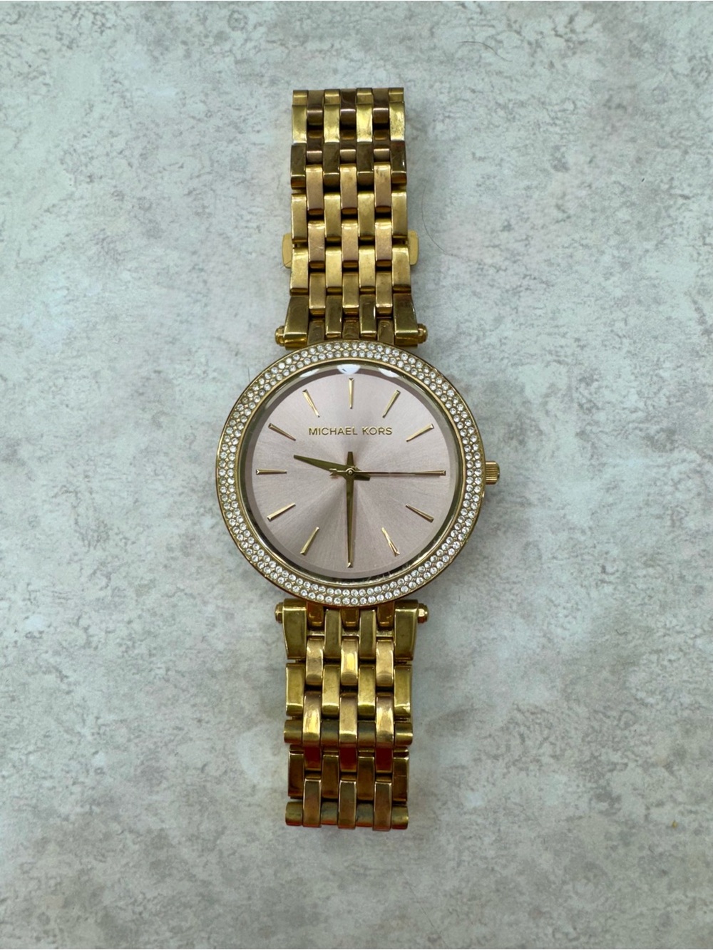 Michael Kors Gold Tone Bracelet Watch with Pink Dial and Crystal Bezel
